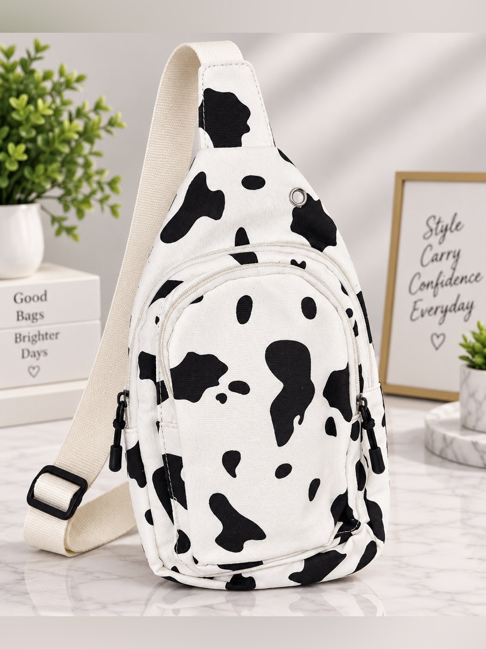 Canvas Cow-Print Crossbody Sling Bag - White/Black NWOT